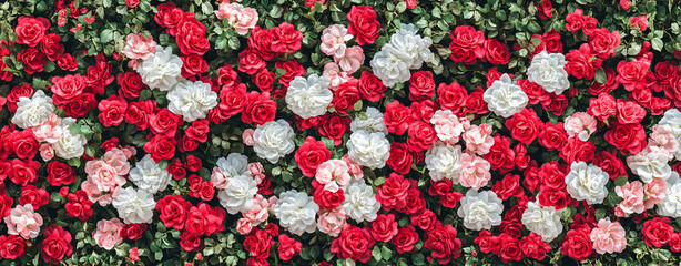 Red and pink roses background, red and white rose wall. Valentine's Day floral background with red roses