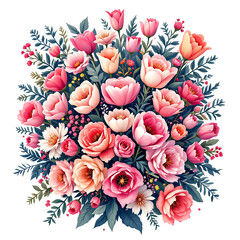 Vibrant Floral Bouquet Illustration with Pink and Red Flowers