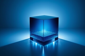 a glass cube with a blue light coming out