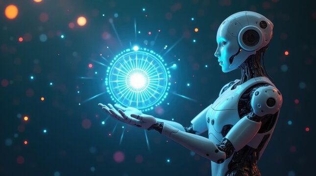 Cybernetic Humanoid with Radiant Blue Orb