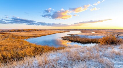 Serene sunset over a tranquil river winding through golden grasslands, light frost on the ground.