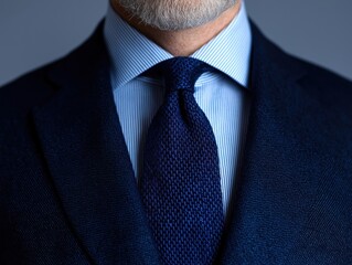 Man wears navy blue suit, tie. Close up view of business attire. Classic style, elegance. Pro look. Gentleman in elegant outfit. Formal occasion possible. Man with sophisticated style. Elegant