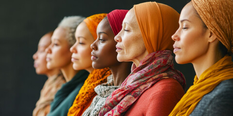 Side view of group of multiracial women wearing scarves standing nearby. The concept of breast cancer awareness. World Cancer Day