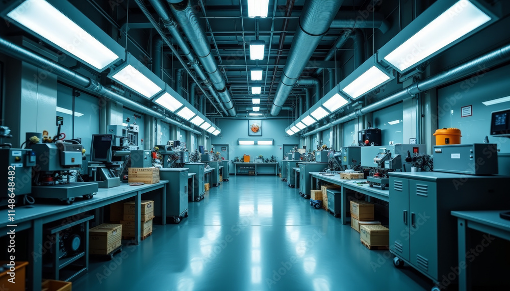 Poster industrial workshop showcasing advanced machinery and organized workstations in an empty factory set