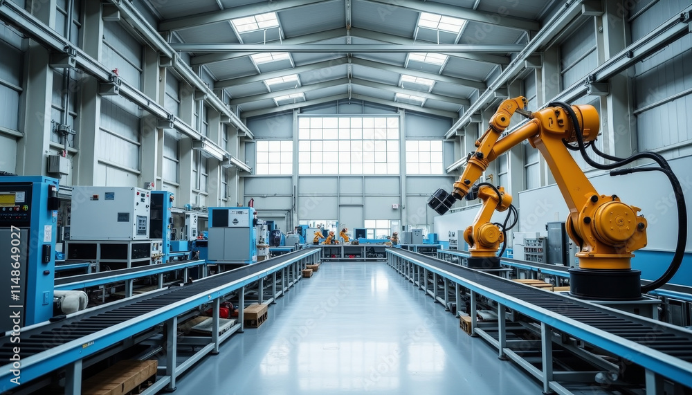 Poster industrial setting showcasing advanced robotics and automation in a spacious, modern factory environ