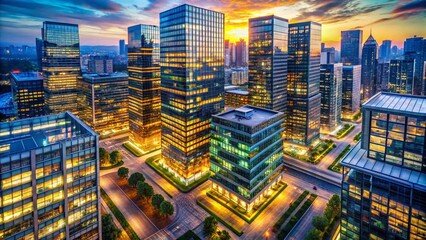 Obraz premium Aerial View Modern AI-Generated Office Buildings, Futuristic Architecture, Drone Photography, Cityscape