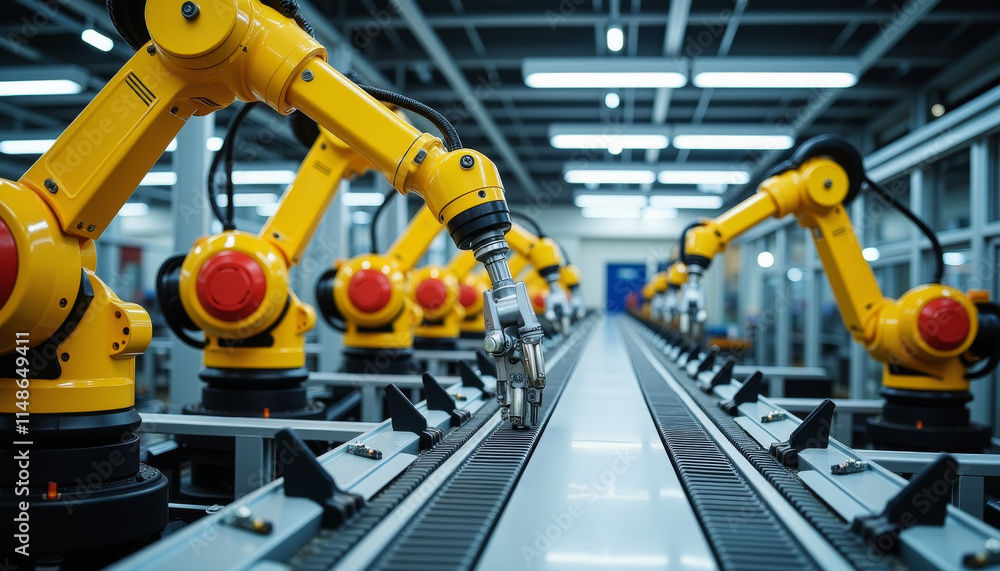 Poster innovative automation in a modern factory showcasing robotic arms working efficiently on an assembly