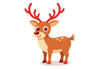 Cute cartoon reindeer, big red antlers, red nose, white spots, large eyes, smiling expression, brown fur, short legs, festive holiday character, vector illustration style, simple background, childlike