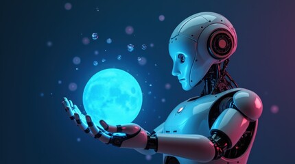Fototapeta premium Humanoid Robot Holding Glowing Blue Atomic Sun