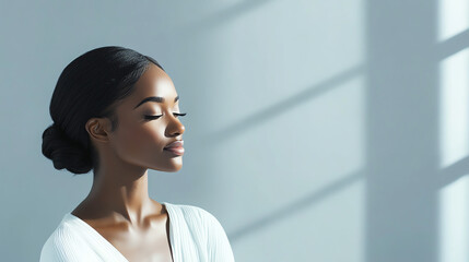 Obraz premium Minimalist beauty shot of a woman seated gracefully, glowing skin and sleek bun hairstyle, pure white setting emphasizing luxury