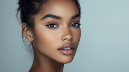 Fototapeta premium Studio shot of a young woman with luminous skin, poised expression, and clean lines against a subtle gray backdrop