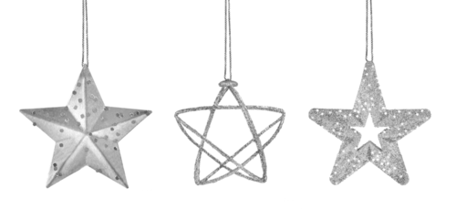 Collection of three silver stars on a chain isolated on transparent background