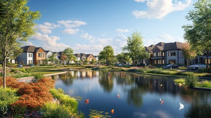 Idyllic suburban neighborhood with pond, homes, landscaping, and blue sky.
