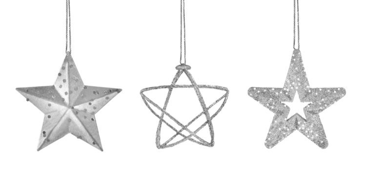 Collection of three silver stars on a chain isolated on transparent background
