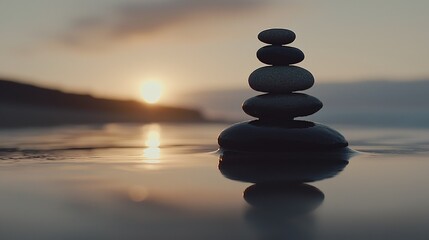 Balanced stones at sunset reflecting in calm water.