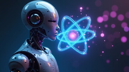 Fototapeta premium Metallic Robot Orbiting a Radiant Blue Atom