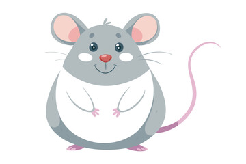 cute cartoon mouse, big ears, round body, grey fur, pink tail, pink nose, simple design, white belly, children's illustration style, vector art, pastel colors, adorable character, small eyes, friendly