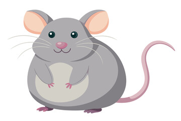 cute cartoon mouse, big ears, round body, grey fur, pink tail, pink nose, simple design, white belly, children's illustration style, vector art, pastel colors, adorable character, small eyes, friendly