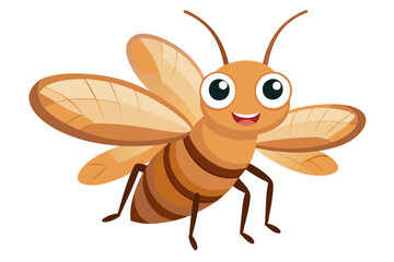 Cartoon bee, friendly smile, large eyes, brown and orange stripes, translucent wings, antenna, cute insect character, children's book illustration style, simple background, vector art, smooth shapes, 