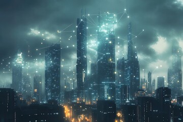 Fototapeta premium Futuristic Cityscape Illuminated With Network Connections