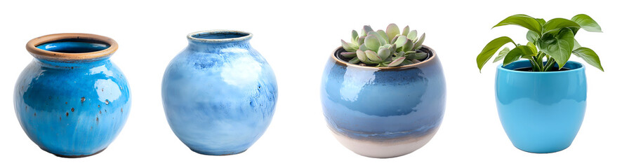 blue pottery, flower pot isolated on a transparent PNG background, white background , cut out, clipping path, Generative Ai