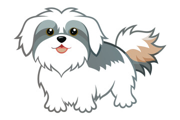 Cute cartoon Shih Tzu dog, big eyes, fluffy white and gray fur, small body, short legs, curled tail, red tongue, black nose, adorable expression, simple background, vector illustration style, 