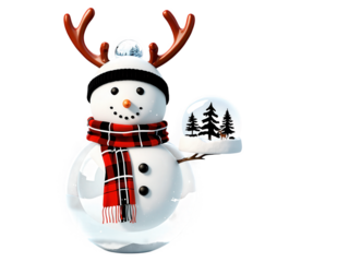 Snowman with a red and black plaid scarf and a reindeer antlers headband, holding a snow globe, isolated on transparent,
