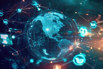 Obraz premium Global Network Digital Connections Illustrating Worldwide Data Flow