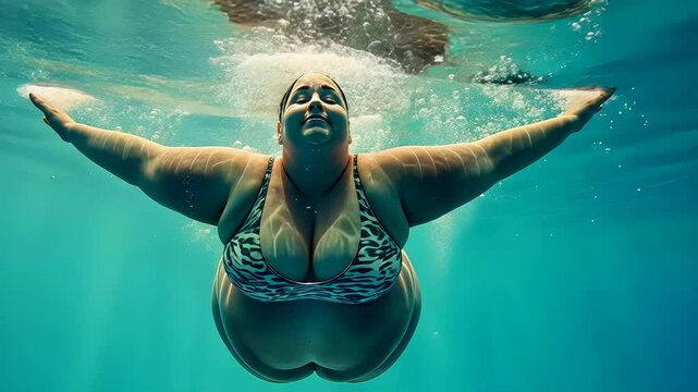 A confident plus size model delights in the joy of diving underwater, showcasing body positivity. The serene aquatic environment highlights her graceful movements and vibrant spirit.