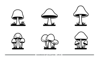A collection of six stylized mushroom illustrations, showcasing various shapes and sizes.