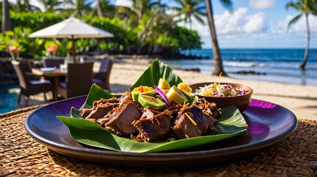 Tender Kalua pork served on a tropical platter, inviting the taste of island flavors by the serene beachside in a warm afternoon sun