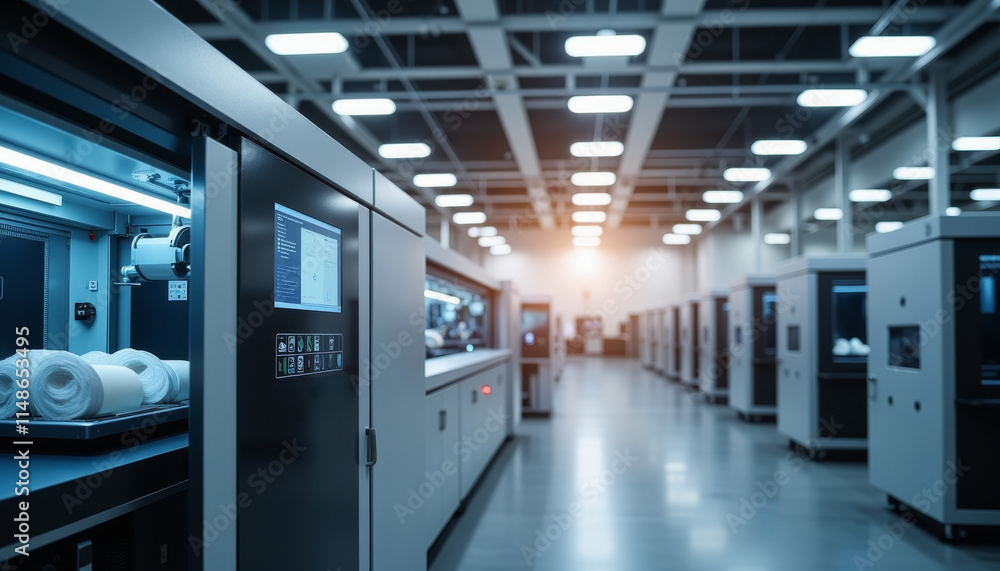 Poster modern factory interior showcasing advanced machinery and automated processes in an expansive, empty