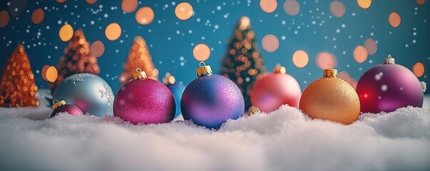 Colorful Christmas ornaments rest on bed of snow with twinkling Christmas trees in festive blue background. Festive decorations. Winter scene. Christmas ornaments. Sparkling ornaments. Holiday decor.