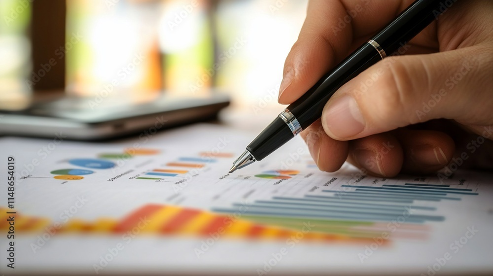 Poster a hand holding a pen over a document with colorful charts and graphs.
