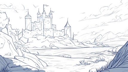 Fototapeta premium Simple line drawing of a castle with a moat and flags