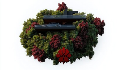 Obraz premium Futuristic eco-friendly house nestled in lush foliage, showcasing sustainable architecture and modern design.