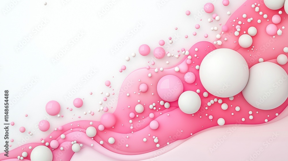 Poster a visually striking abstract composition featuring flowing pink and white shapes with spherical elem