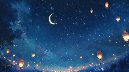 Fototapeta premium Night Sky Lanterns Crescent Moon Starscape