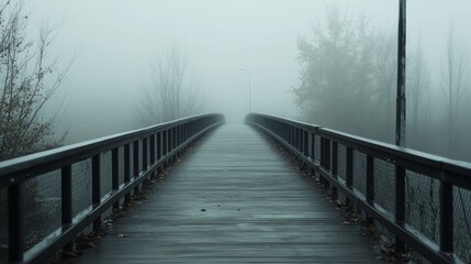 Fototapeta premium A serene bridge stretches into the dense fog, inviting exploration in an eerie silence