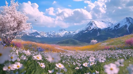 Fototapeta premium Breathtaking Landscape of Vibrant Flowers and Snowy Mountain Peaks Under Blue Sky