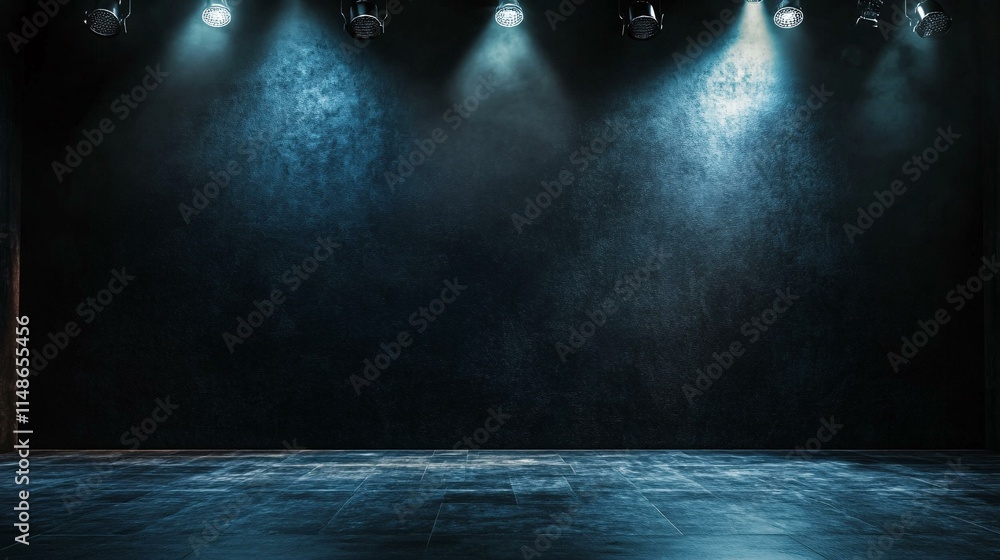 Poster empty stage with dramatic lighting and dark background for performance and presentation