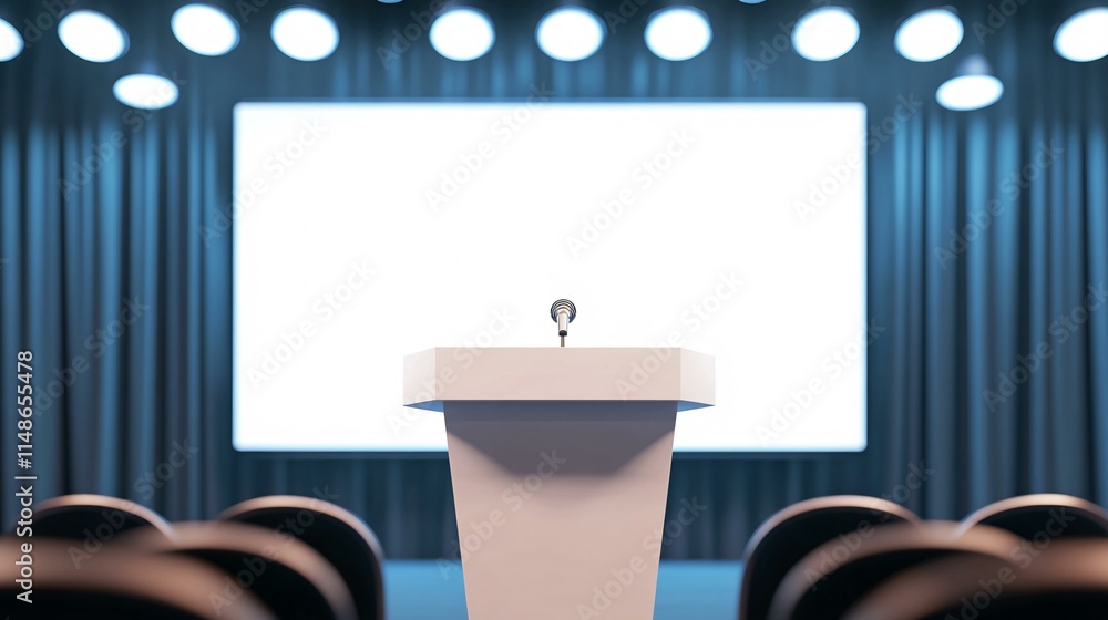 Poster empty stage with podium and microphone ready for presentation or public speaking event