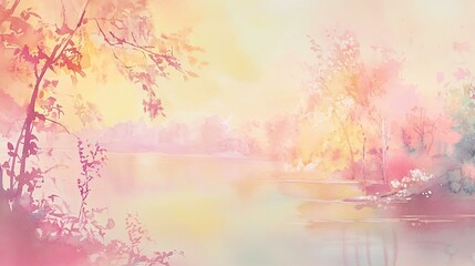 Serene Watercolor Landscape with Soft Pastel Shades of Pink, Yellow, and Green