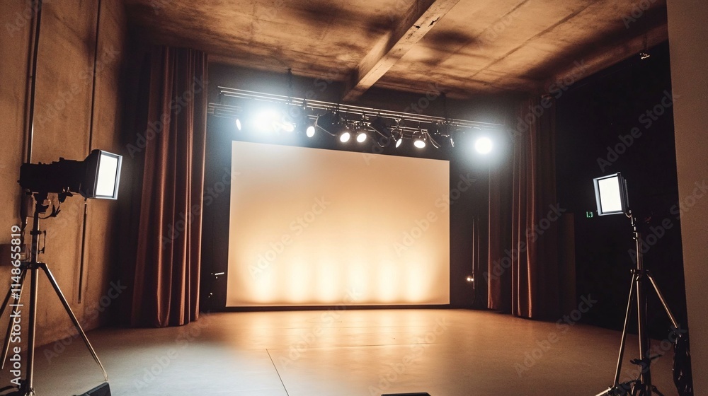 Poster empty stage with spotlight illumination in modern event space for performances