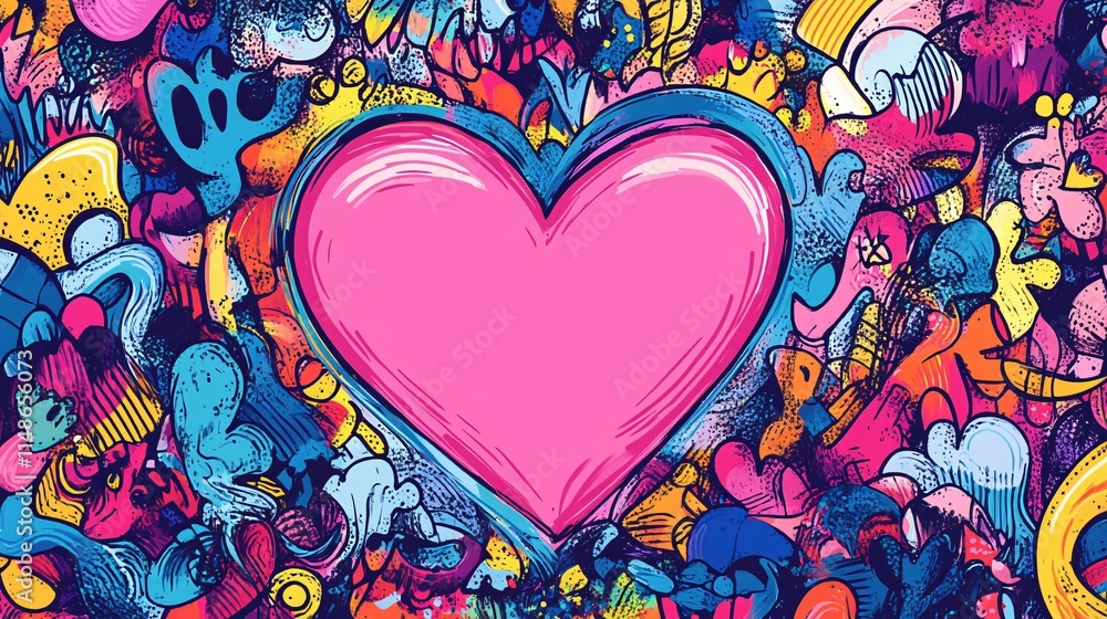 Poster colorful heart design surrounded by vibrant abstract shapes and patterns