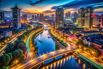 Obraz premium Aerial View of Chengdu Cityscape at Night, Long Exposure River Lights
