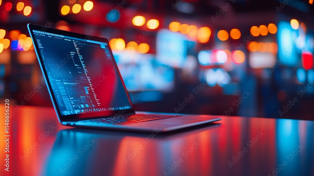 Poster a laptop displaying code in a vibrant, illuminated environment.