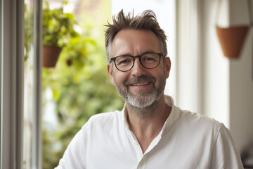 Lächelnder Mann mit Bart und Brille in weißem Poloshirt