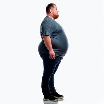 Uomo obeso di profilo su sfondo bianco