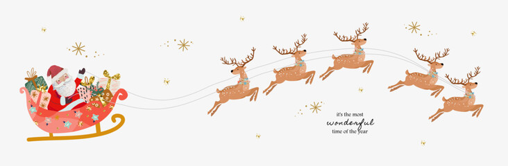 Santa Claus on a sleigh with gifts in a harness with reindeer. Vector illustration for a greeting, postcard, greeting card or banner with Christmas and New Year. Deers. 2025